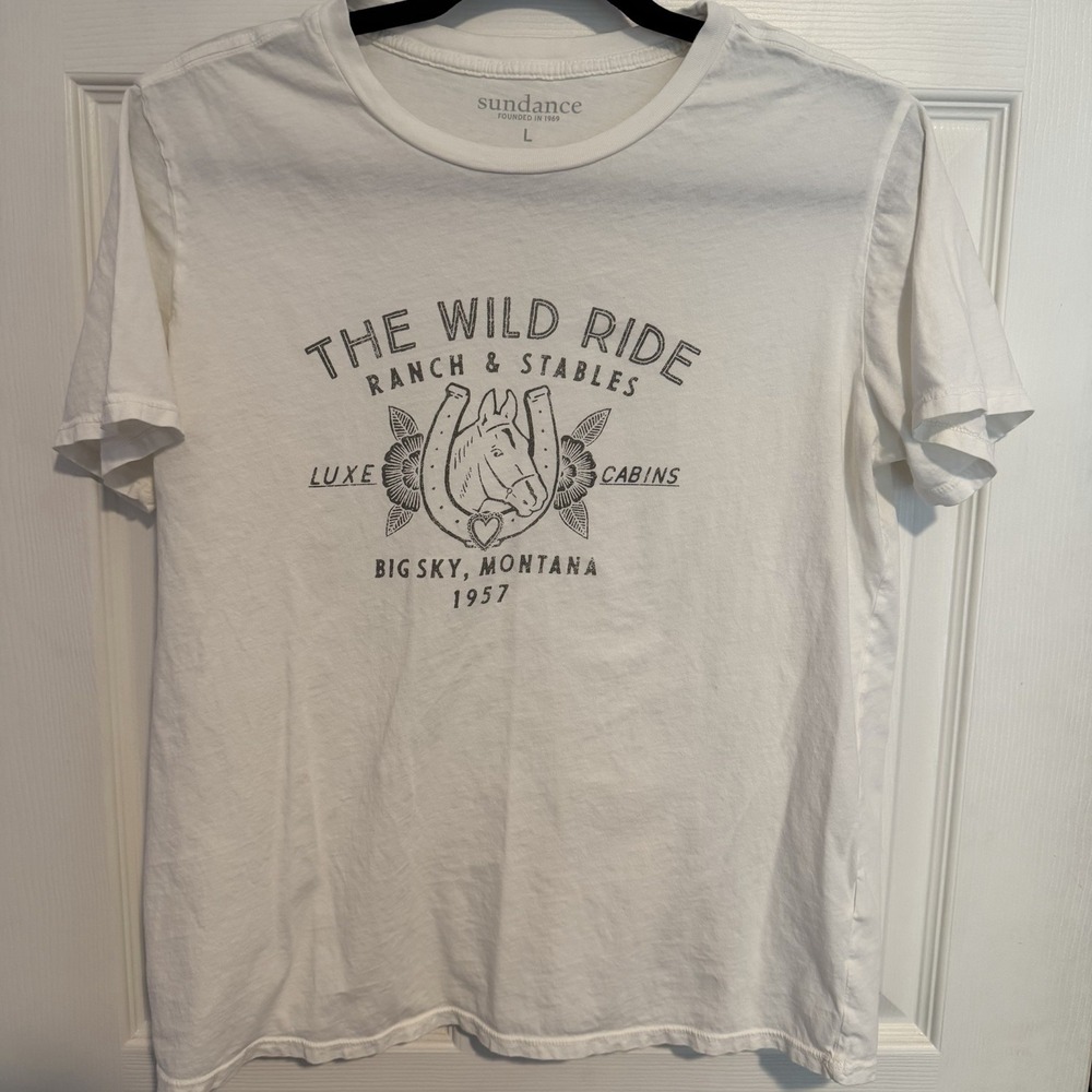 Sundance Graphic Tee Women's LG White The Wild Ride Big Sky Montana 100% Cotton